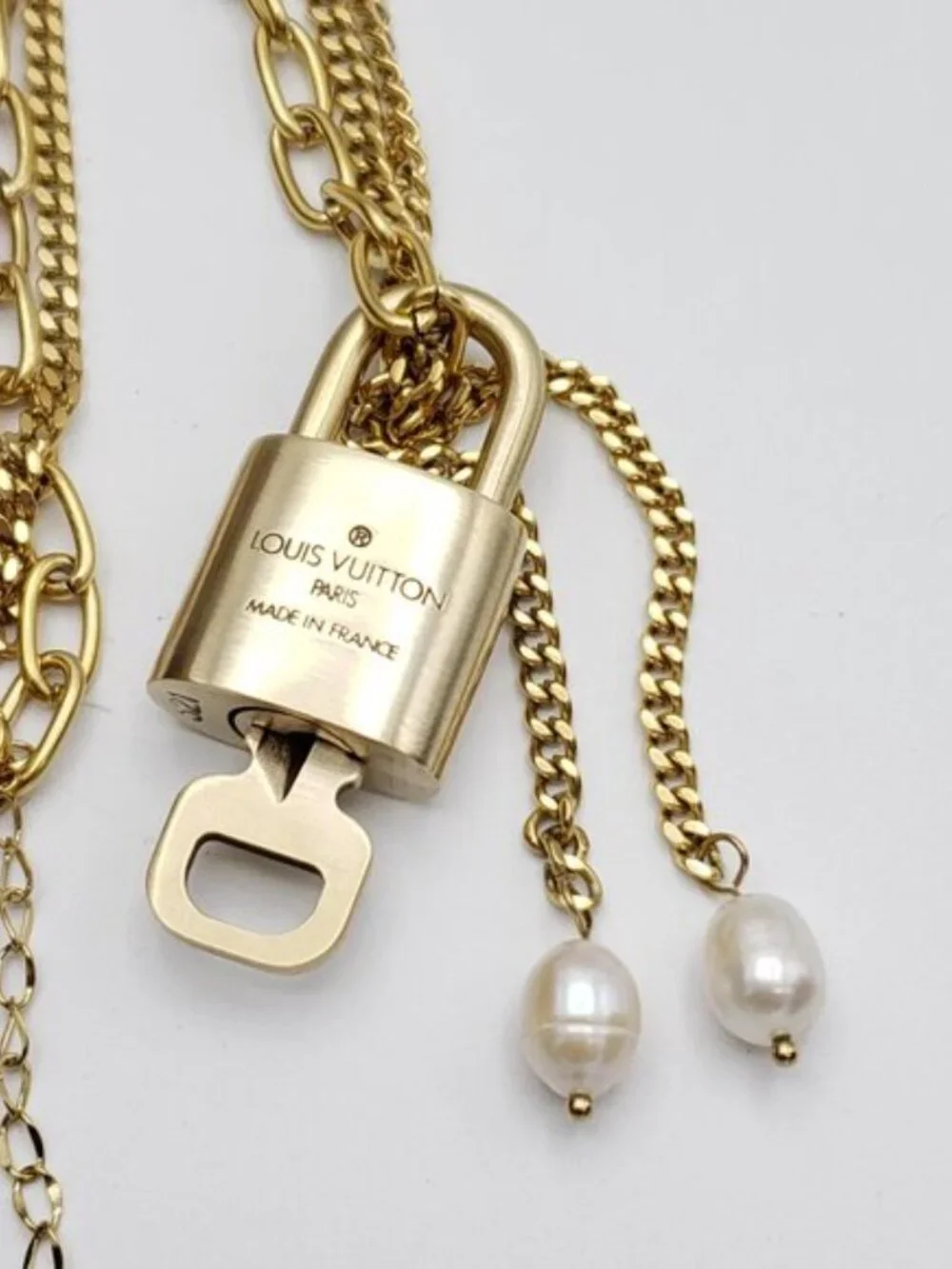 Stainless Steel Gold-Plated Necklace with Authentic Louis Vuitton Padlock